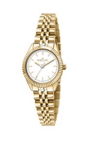 Orologio oro con una lunetta texturizzata, quadrante bianco, lancette dorate e un brillante gemma alle 3, dotato di un bracciale metallico intrecciato.