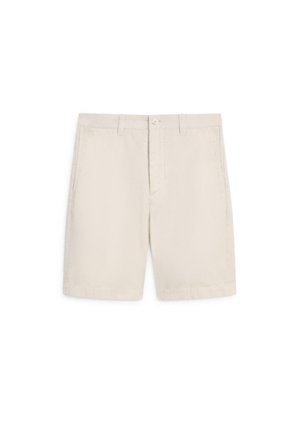 Beige shorts van middellange lengte met riemlussen, knoop aan de voorkant, ritssluiting en zijzakken, getoond op een witte achtergrond.