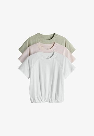 Tri pamučne majice kratkih rukava u bijeloj, svijetlo rozoj i svijetlo zelenoj boji, složene jedna na drugu s elastičnim rubovima i okruglim izrezima.