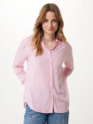 Pink and white striped button-up shirt with a collared neckline and long sleeves, featuring a relaxed fit and curved hem.