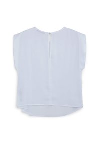 Blusa bianca senza maniche con scollatura rotonda e zip sul retro. Tessuto liscio, orlo posteriore leggermente più lungo, senza motivi visibili.