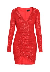 Rochie roșie cu paiete, cu mâneci lungi, decolteu adânc în V, design drapat și tiv înalt. Textură fină, suprafață lucioasă și formă ajustată.