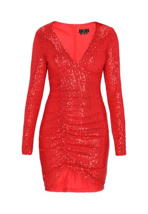 Rochie roșie cu paiete, cu mâneci lungi, decolteu adânc în V, design drapat și tiv înalt. Textură fină, suprafață lucioasă și formă ajustată.