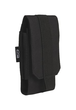 Black fabric holster with a sturdy texture, featuring a flap closure and a side label. Compact rectangular shape for carrying small items.