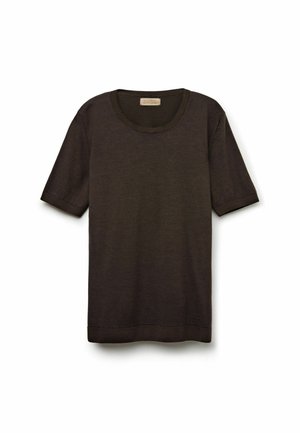Dunkelbraunes T-Shirt mit kurzen Ärmeln aus weichem Stoff, rundem Ausschnitt und geradem Saum. Schlichtes, sauberes Design ohne sichtbare Muster.