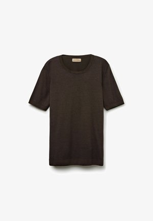 Dunkelbraunes T-Shirt mit kurzen Ärmeln aus weichem Stoff, rundem Ausschnitt und geradem Saum. Schlichtes, sauberes Design ohne sichtbare Muster.