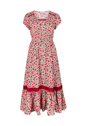 Floral maxi dress made of lightweight fabric, featuring a red, green, and white flower pattern, elastic waist, and ruffled hem.