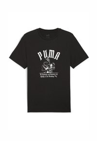 Juoda medvilnės marškinėliai su dideliu baltu "PUMA" logotipu su grafikos elementais, apvaliu iškirpimu ir trumpomis rankovėmis. Po logotipu tekstas prancūzų kalba.