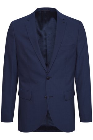 Marineblauer Blazer mit zwei schwarzen Knöpfen, mit Reverskragen und einer Brusttasche. Gefüttert mit einem gemusterten Stoff. Taillierte Passform.