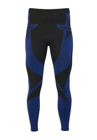 Black and blue athletic leggings with a fitted design. Features vertical stripes and angular shapes, made from flexible, textured material.
