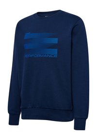 Marinblå sweatshirt i mjukt tyg med rund halsringning, långa ärmar och en grafisk design med blå ränder och texten "PERFORMANCE".