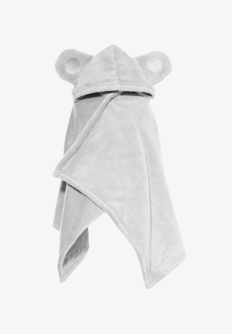 Pilka gaubta rankšluostis, pagamintas iš minkštos, pūkuotos medžiagos. Yra apvalios ausys ir trikampio formos, su išsiuvinėtu logotu ant apvado.