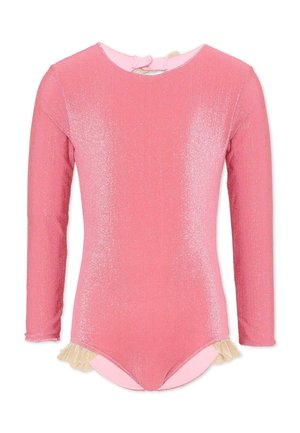 Body rosa glitterato a maniche lunghe con scollo rotondo e piccoli dettagli volant beige sui fianchi.