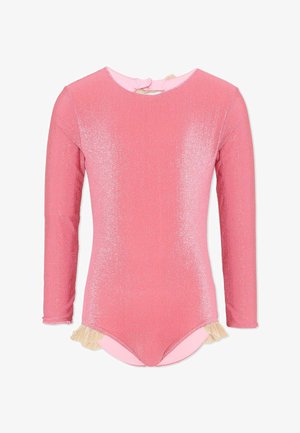 Body rosa glitterato a maniche lunghe con scollo rotondo e piccoli dettagli volant beige sui fianchi.