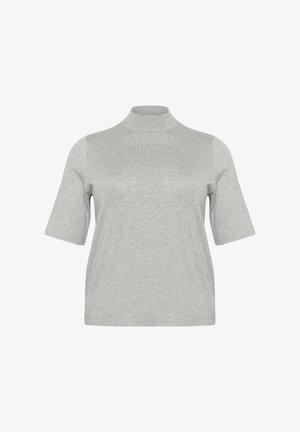 Šviesiai pilka megzta palaidinė su aukštu apykakle ir trumpomis rankovėmis. Turi lygų paviršių ir laisvą siluetą. Be raštų ar akcentų.