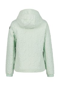 Giacca verde menta chiaro con superficie texturizzata, cappuccio e polsini elastici. Presenta un motivo sottile e una schiena uniforme senza decorazioni.
