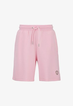 Rosa Baumwoll-Shorts mit elastischem Bund, Kordelzug und kleinem Wappenlogo auf der Vorderseite. Glatte Textur und knielanges Design.