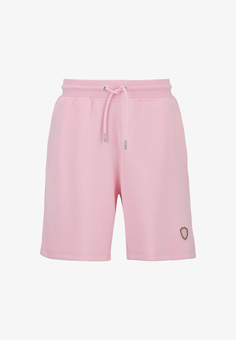 Roze katoenen shorts met een elastische tailleband, trekkoord en een klein schildlogo op de voorkant. Glad textuur en knielange stijl.