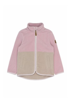 Detská fleecová bunda s ružovou hornou polovicou, béžovou spodnou polovicou, plným predným zipsom, dvoma prednými vreckami a stojacím golierom.