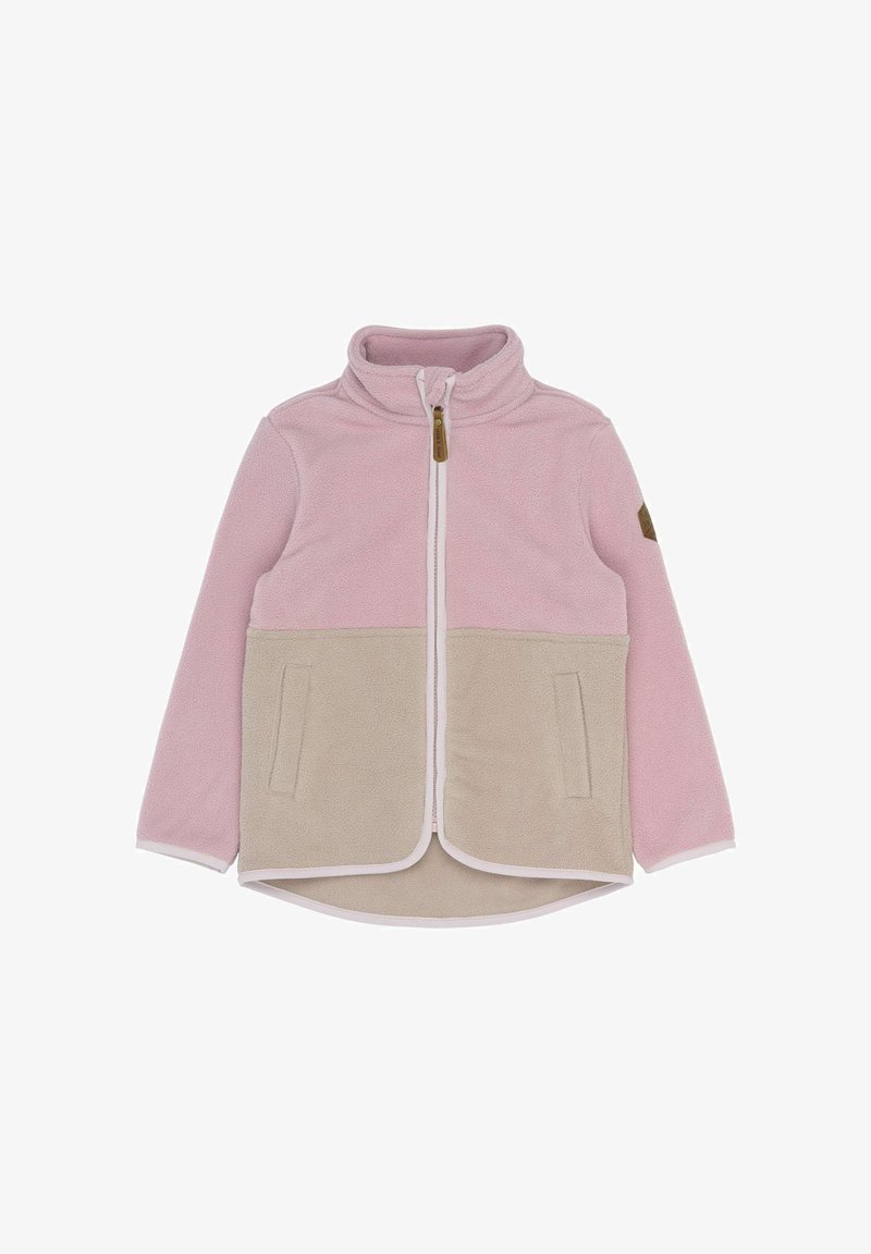Chaqueta de polar para niños con la mitad superior rosa, mitad inferior beige, cremallera completa frontal, dos bolsillos frontales y cuello alto.