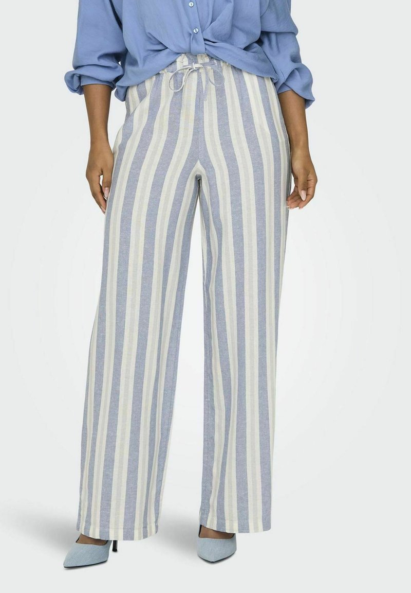 Lichte blauwe en crèmekleurige gestreepte broek met een wijde pijp, voorzien van een trekkoord in de taille en een gestructureerde afwerking. Gecombineerd met puntige schoenen.