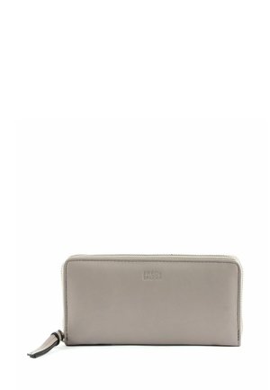 Graue Leder-Geldbörse mit Rundum-Reißverschluss, geprägt mit dem Logo "FREDs BRUDER" und Leder-Reißverschlussanhänger vor weißem Hintergrund.