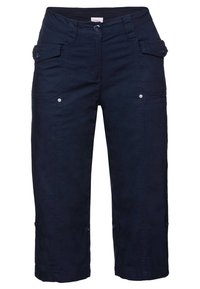 Pantaloni cropped blu realizzati in un tessuto spesso, dotati di molteplici tasche e dettagli in bottone, con una vestibilità dritta e orli risvoltati.