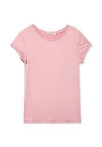 T-shirt rosa corta con scollo rotondo e maniche corte, realizzata in materiale morbido, con una texture liscia e dettagli minimi.
