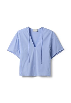 Lichtblauwe blouse met korte mouwen, diepe V-hals en voorstrikjes, gemaakt van gladde stof, weergegeven tegen een witte achtergrond.