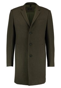 Manteau en laine vert olive avec un col à revers cranté, trois boutons sur le devant, une poche poitrine, et une coupe droite. Texture lisse.