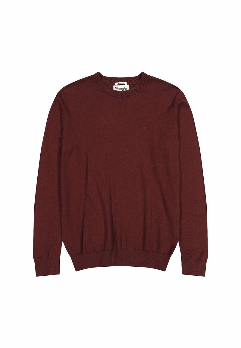 Maglione a girocollo color bordeaux, tessuto lavorato a maglia, polsini e orlo a coste, piccolo logo sul lato sinistro del petto, vestibilità rilassata.