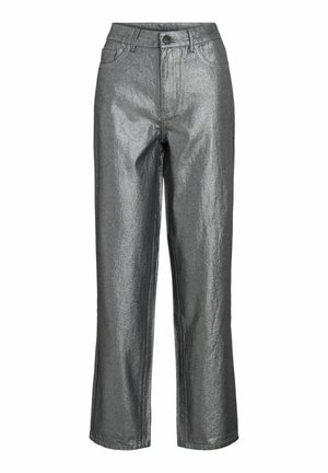 Metalické stříbrné kalhoty s vysokým pasem, rovnými nohavicemi a předními kapsami. Vyrobené z hladké, lesklé tkaniny.