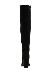 Stivali neri in suede sopra il ginocchio con tacco quadrato, dotati di chiusura con zip e texture liscia, silhouette snella con accenti minimi.