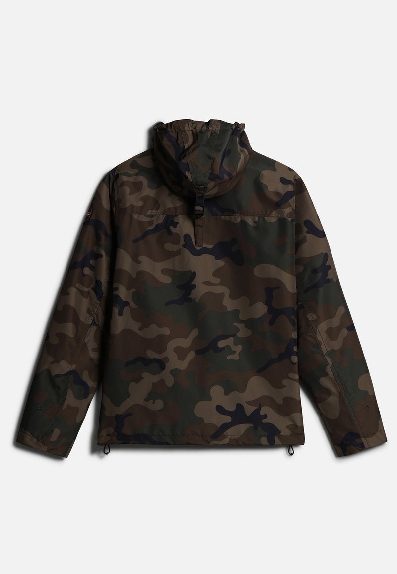Braune und grüne Camouflage-Jacke, leichtes Material, Kapuzen-Design, Halb-Reißverschluss, verstellbarer Saum mit Kordelzügen.