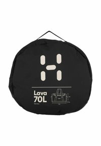 Borsa rotonda nera con una capacità di 70 litri. Presenta testo e grafiche stampati in bianco, manico superiore e dimensioni misurate per chiarezza.