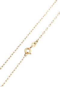 Collana in oro con maglie ovale e chiusura a moschettone. Presenta dettagli testurizzati e un piccolo pendente del marchio attaccato.