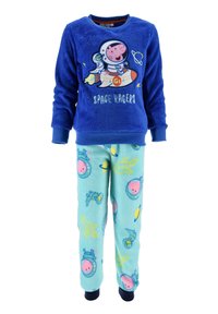 Sudadera azul de forro polar con un personaje espacial y el texto "SPACE RAGERS". Pantalones de pijama azul claro con coloridos patrones de temática espacial.