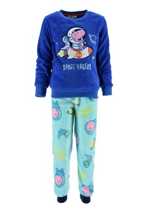 Blaues Fleece-Sweatshirt mit einem Weltraum-Motiv und dem Text "SPACE RAGERS". Hellblaue Schlafanzughose mit bunten, weltraumbezogenen Mustern.
