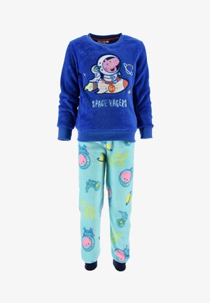 Blauwe fleece sweatshirt met een ruimtefiguur en de tekst "SPACE RAGERS." Lichtblauwe pyjamabroek met kleurrijke ruimte-thema patronen.