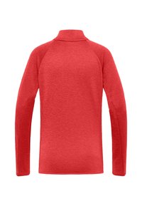 Rotes langärmliges Oberteil mit einem Stehkragen, aus strukturiertem Stoff gefertigt. Verfügt über Raglanärmel und einen glatten Saum am unteren Ende.