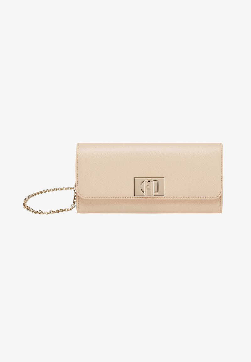Beige leather clutch with a textured surface, gold-tone chain strap, and a metallic clasp featuring a logo. Minimalist design and rectangular shape.