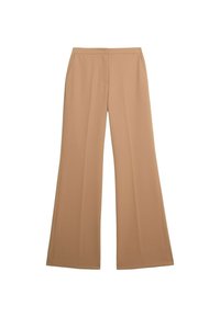Beige wijde broek gemaakt van gladde stof, met een middelhoge tailleband en zijzakken aan de voorkant. Eenvoudig, op maat gemaakt ontwerp zonder zichtbare patronen.