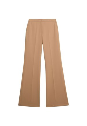 Pantaloni beige a gamba larga realizzati in tessuto liscio, con una vita a media altezza e tasche frontali. Design semplice e sartoriale senza motivi visibili.