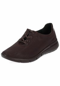 Hnědá kožená šněrovací bota s kulatou špičkou, kontrastním prošitím a flexibilní gumovou podrážkou. Hladký povrch, minimalistický design.