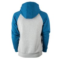 Kapuzensweatshirt mit grauem Körper und blauen Raglanärmeln. Baumwollmischgewebe mit gerippten Bündchen und Saum, glatte Textur, minimale Markenkennzeichnung.