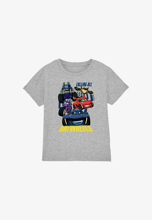 Gray cotton t-shirt with short sleeves featuring colorful cartoon vehicles and the text "CALLING ALL BATWHEELS" in yellow.