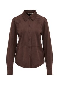 Brązowa zamszowa koszula na guziki z ostrym kołnierzykiem, długimi rękawami i szwem na przodzie, z pięcioma dopasowanymi guzikami na listwie.