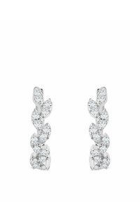 Srebrne kolczyki w kształcie liści, ozdobione błyszczącymi, przezroczystymi kamieniami szlachetnymi, z zaokrąglonym kształtem i gładką teksturą, prezentujące misternie wykonane detale.