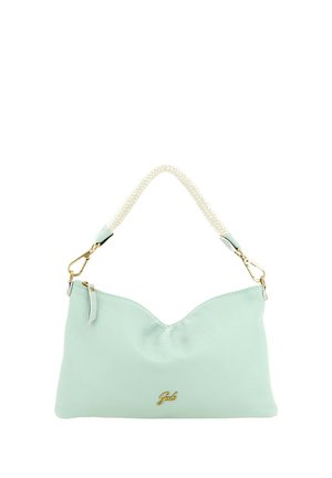 Borsa a mano in pelle azzurro chiaro con manico bianco intrecciato, ferrature dorate, chiusura con zip e piccolo logo dorato del marchio sul davanti.