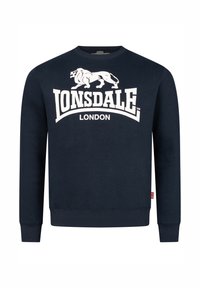 Navy blue sweatshirt made of cotton, featuring a large white graphic logo and lions. Ribbed cuffs and hem. Tag with a Union Jack accent.